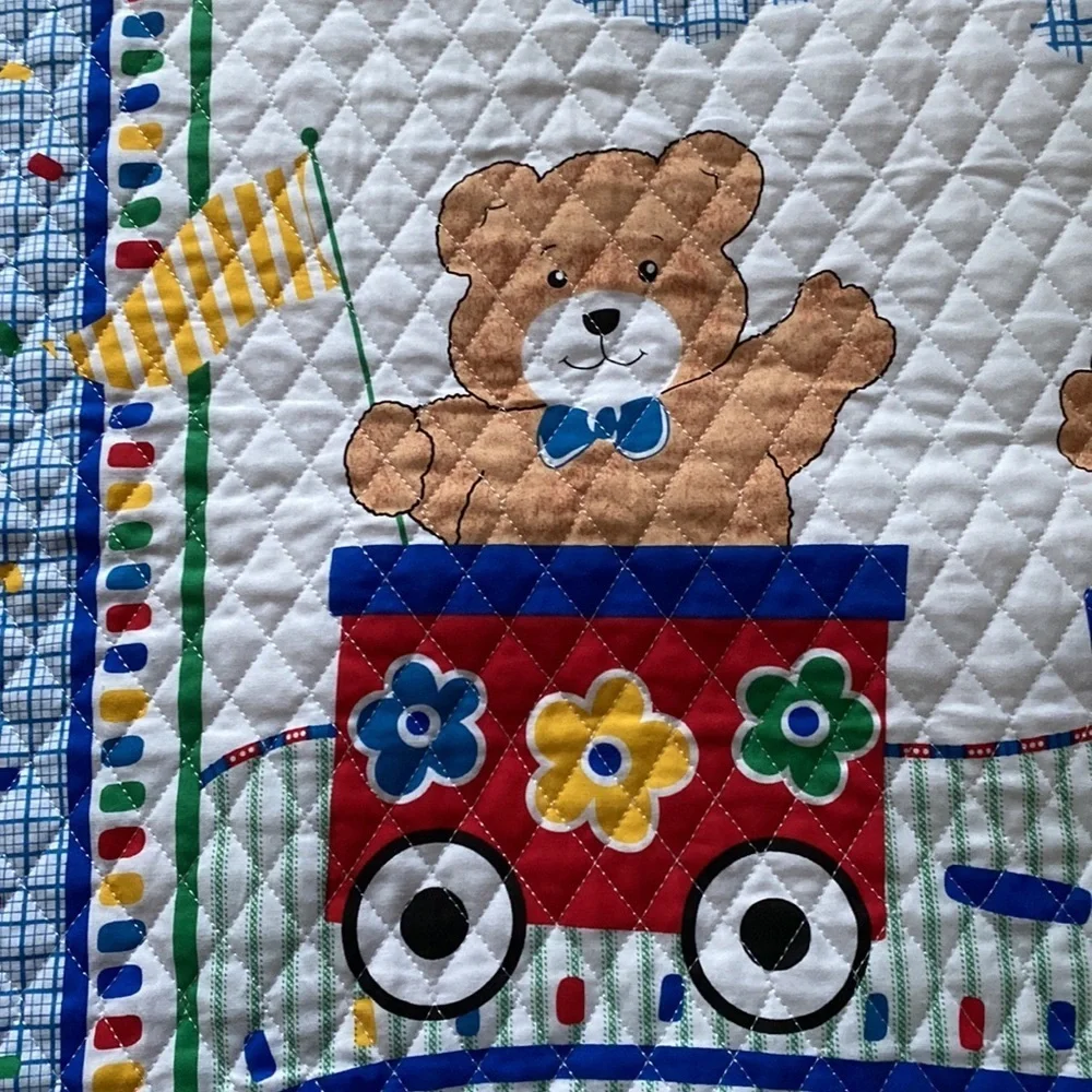 Teddy Bear Train Handmade‎ Quilt Satin Edges Baby Blanket Quilted Bear Nursery